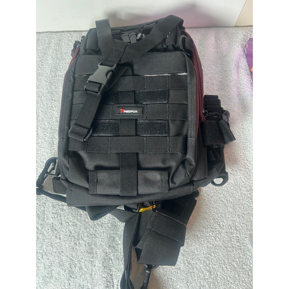 Piscifun Fishing Tackle Bag Sling Shoulder Backpack Black Burgundy Outdoor Pack